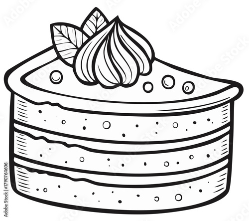 Cake slice illustration with cream and leaves, sweet dessert doodle drawing, confectionery line art