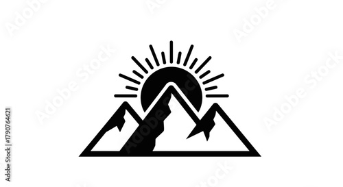 A stylized sun rises over mountain peaks in this graphic illustration.