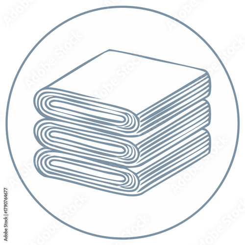Line art icon of neatly folded towels or textiles stacked in a simple circular frame illustration