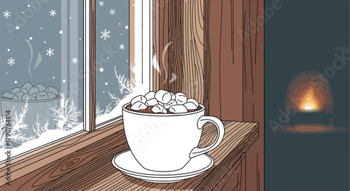 Hot chocolate with marshmallows on a windowsill during a snowy winter day
