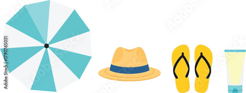 Beach umbrella, hat, flip-flops, and sunscreen are laid out for a day at the beach.