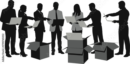 Business silhouette, teamwork scene, laptop collaboration, cardboard boxes, professional setup, black illustration, office coordination, group discussion, relocation moment, workplace concept