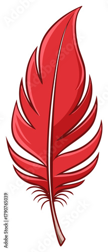 Red feather illustration isolated against white background, decorative avian object.