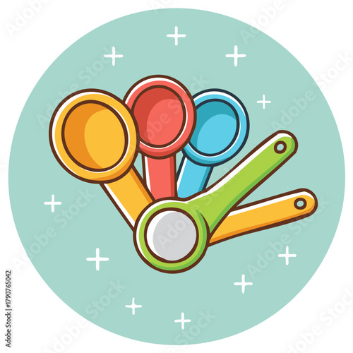 Vibrant Measuring Spoons in Cartoon Style Kitchen Cooking Utensils Circle Background