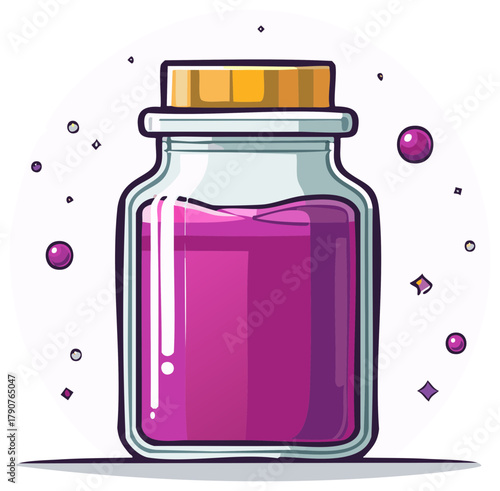 Illustration of a closed glass jar filled with purple liquid surrounded by decorative elements