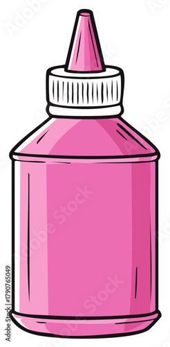 Bright pink cartoon bottle with a pointed applicator tip and ribbed white cap