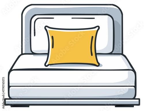 Hand drawn icon of a cozy single bed with a yellow pillow modern furniture illustration