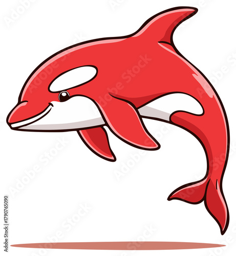 Cartoon red killer whale orca swimming playfully with a smile and happy expression, vector illustration.
