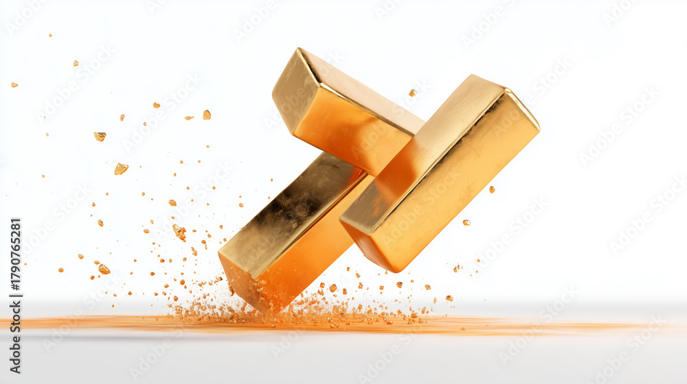 Obraz premium Three gold bars crashing and breaking into golden particles on white background