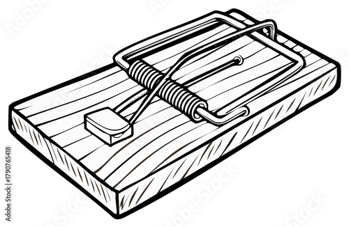 Classic wooden mouse trap with metal spring mechanism ready to catch pests