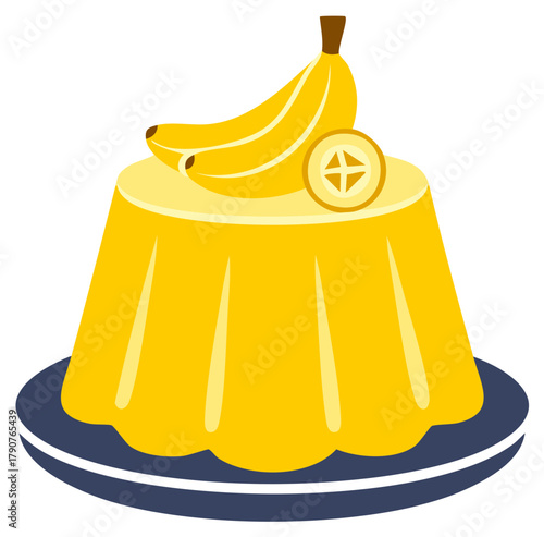 Vibrant banana pudding dessert with fresh fruit and slice garnish on a plate vector icon