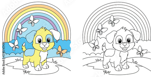 Cute Puppy Playing with Butterflies Under a Rainbow - Whimsical Coloring Page for Kids