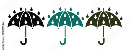 Three umbrellas are shown with raindrops falling on them.