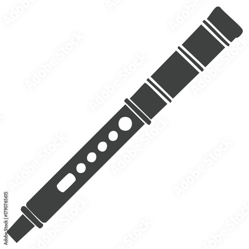 Isolated Silhouette of a Recorder Musical Instrument with Tone Holes and Mouthpiece for Sound