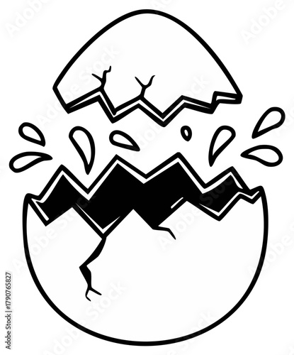 Dramatic cartoon hatching egg breaking open with splashes. Black and white line art illustration.