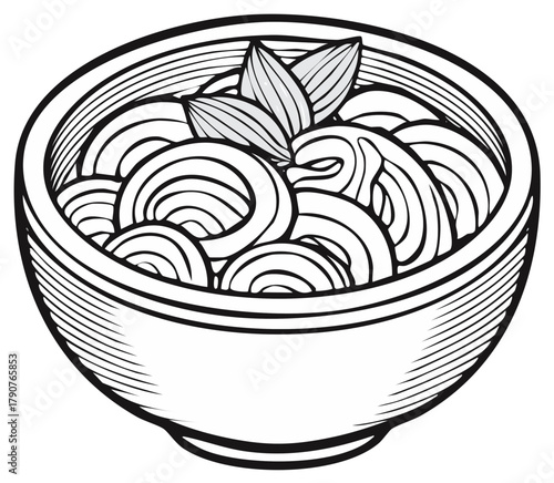 Stylized black and white drawing of a bowl of swirling noodles garnished with leaves