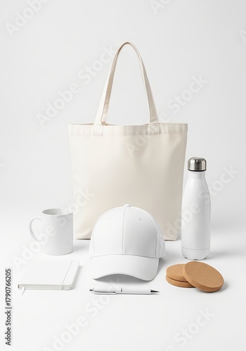 Minimalist branding mockup featuring various promotional items on a clean white background