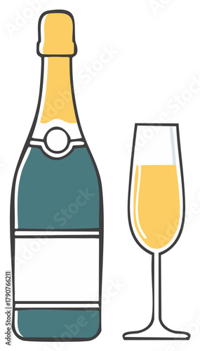 Elegant Champagne Bottle and Sparkling Flute Glass Hand Drawn Vector Illustration