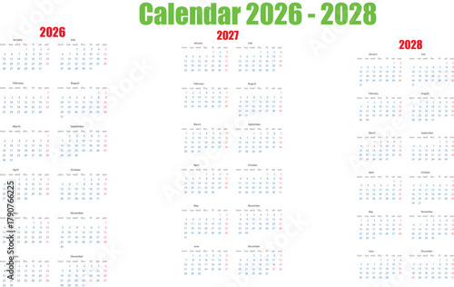 Calendar Display Showing Three Years 2026, 2027, and 2028