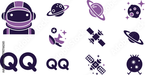 Collection of space-themed icons including an astronaut, planets, moons, and satellites.