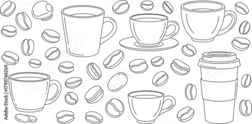 A collection of coffee cups and scattered coffee beans are depicted in a line drawing.