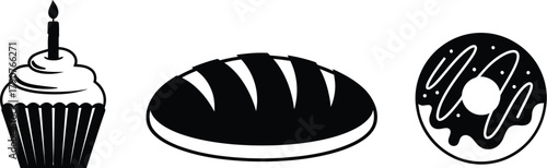 A cupcake with a candle, a loaf of bread, and a donut are displayed.