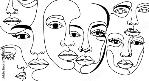 A collage of abstract line art faces forms a visually striking pattern.
