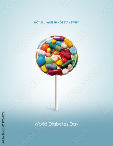 World Diabetes Day Concept of Lollipop of Tablets Symbolizing Sugar and Medicine Connection