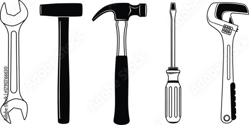 A collection of five common hand tools, including wrenches, hammers, and a screwdriver.