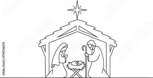 Nativity scene illustration with Mary Joseph and baby Jesus in a simple line art