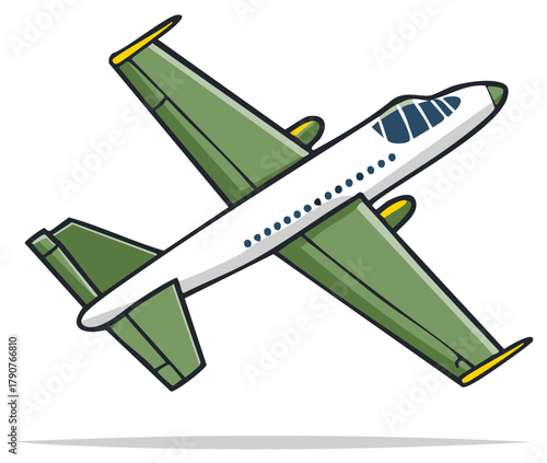 Cartoon Airplane Flying in Sky with Green Wings and Yellow Tips