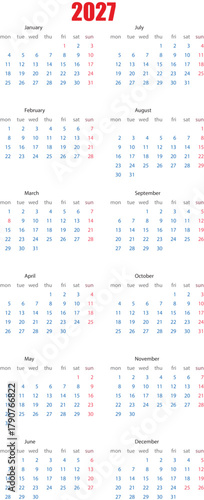 2027 Yearly Calendar Grid Layout with Month and Day Views