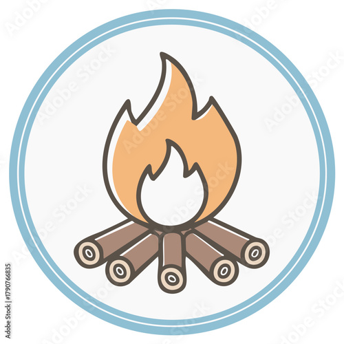 Campfire Icon with Burning Flames and Logs Inside a Circle
