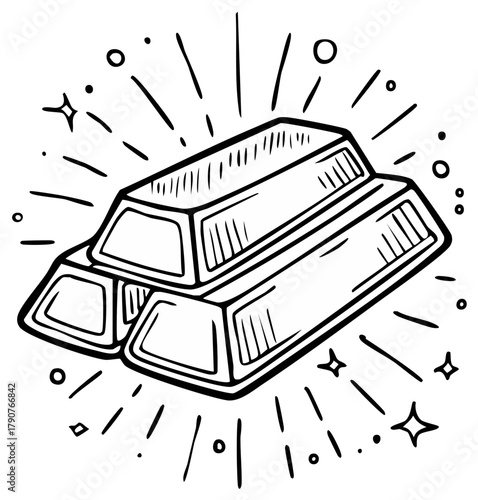 Illustration of three stacked gold bullion bars with sparkling accents