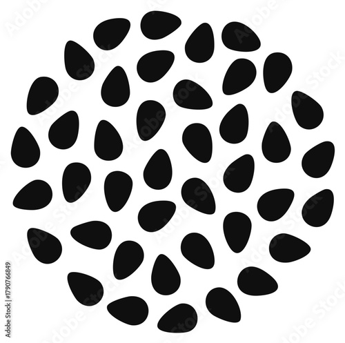 Seamless pattern of black teardrop shapes arranged in a circular cluster
