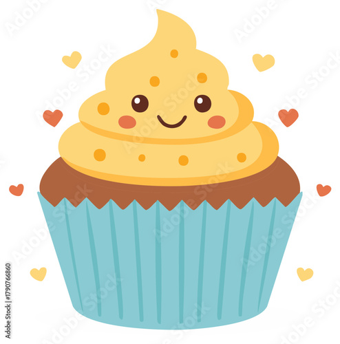 Cute smiling cupcake illustration with hearts, isolated on white background.