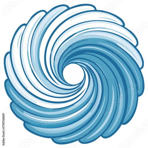 Abstract illustration of a swirling vortex design in blue and white