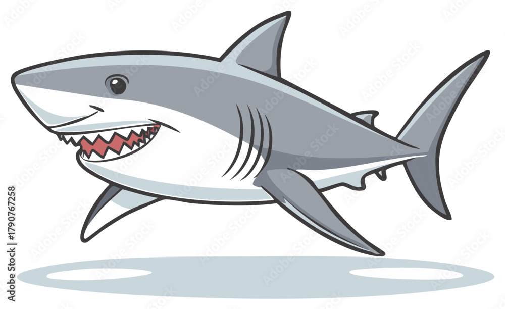 Obraz premium Cartoon shark with open mouth, showing teeth, swimming with shadow effect