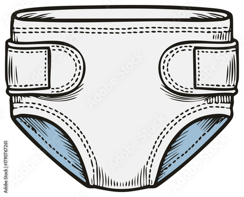 White Diaper with Blue Lining and Adjustable Tabs Hand Drawn Sketch