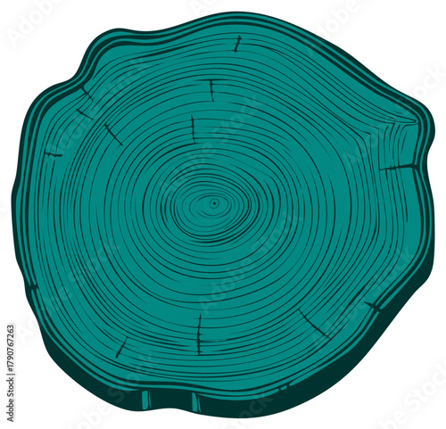 Vector illustration of a stylized teal tree trunk cross section with annual growth rings