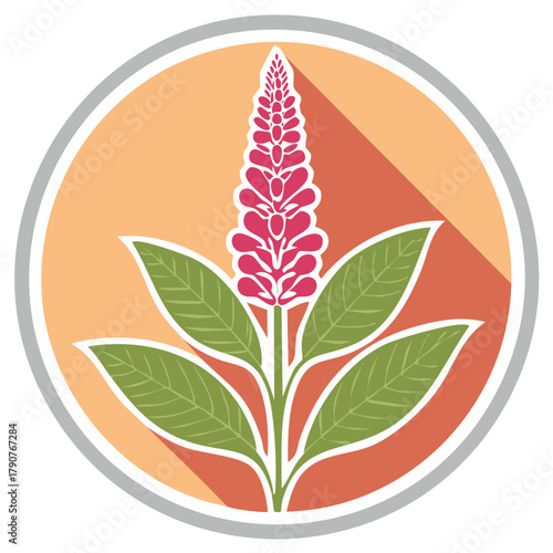 Decorative flower plant icon with leaves and inflorescence on an orange, round surface with a long shadow casting.