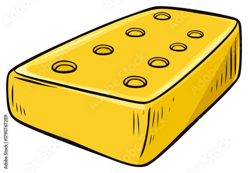 Simple cartoon style illustration of a bright yellow rectangular block of cheese with holes