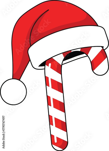 Festive santa hat adorning a candy cane creating a whimsical holiday spirit