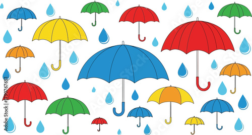 A collection of colorful umbrellas and raindrops are scattered across the frame.