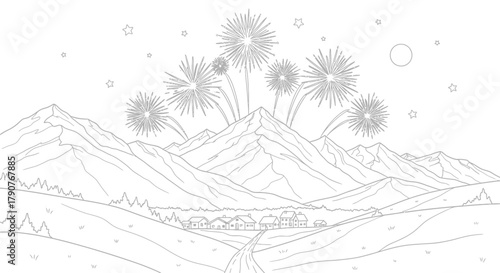 Mountain village celebrates with fireworks under a starry moonlit sky outline