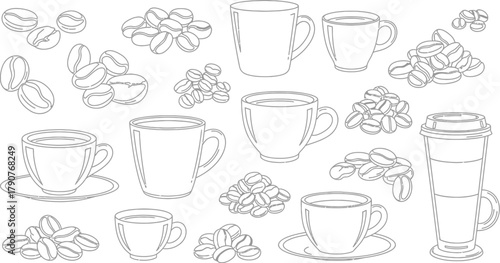 A collection of coffee cups and beans are arranged on a white background.