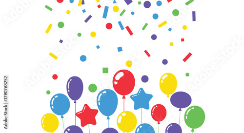 Colorful balloons and confetti falling for a festive celebration.