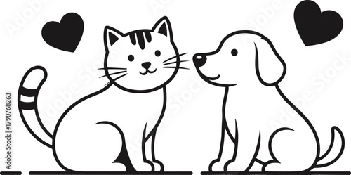 Cat and dog silhouette, pet friendship illustration, heart symbol design, black and white vector art, animal love concept, minimal style