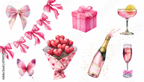 Romantic set of watercolor Valentine's Day elements. Garland with pink roses, champagne with splashes, glasses with cocktails, butterfly, gift and others. Hand drawn Valentine's Day clipart.