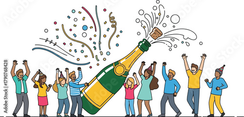 People celebrating with champagne bottle popping and confetti for a party event